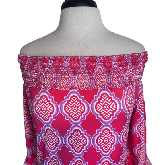 CABANA LIFE Coral Geo Off Shoulder Shift Dress 50SPF Bell Sleeve Tassels Sz M - Picture 8 of 13